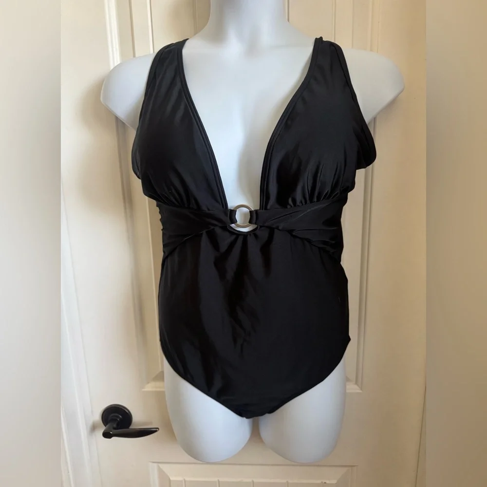 NWT Tournesol One Piece Black Swimsuit Cut Out V Neck Cross-Back Straps, Large